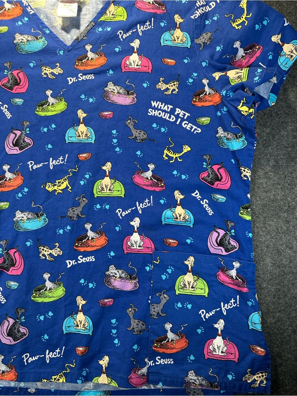 Dr. Seuss Blue Women's Scrub Top with Multicolor Pet Print